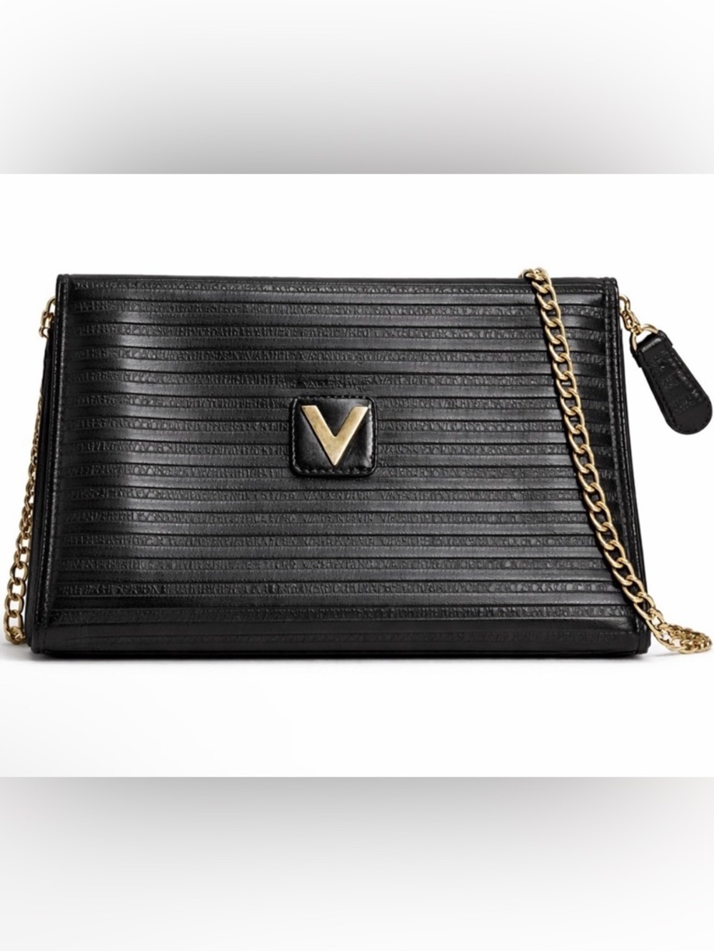 Mario Valentino Black Logo Embossed Clutch Crossbody w/ Removable Gold Chain